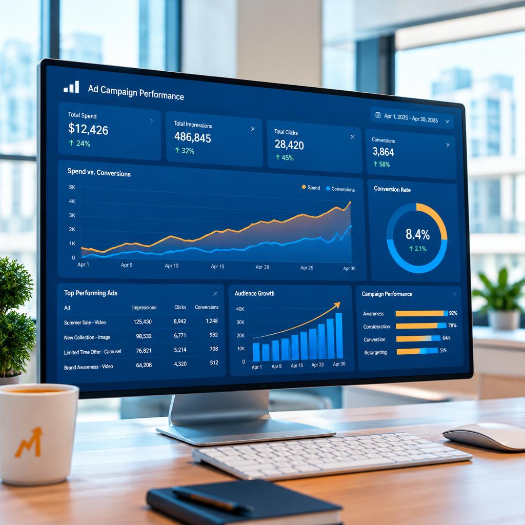 A monitor showing an advertising performance dashboard with rising conversion charts
