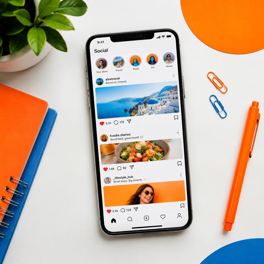 A smartphone showing a social media feed on a clean white desk with orange and blue accents