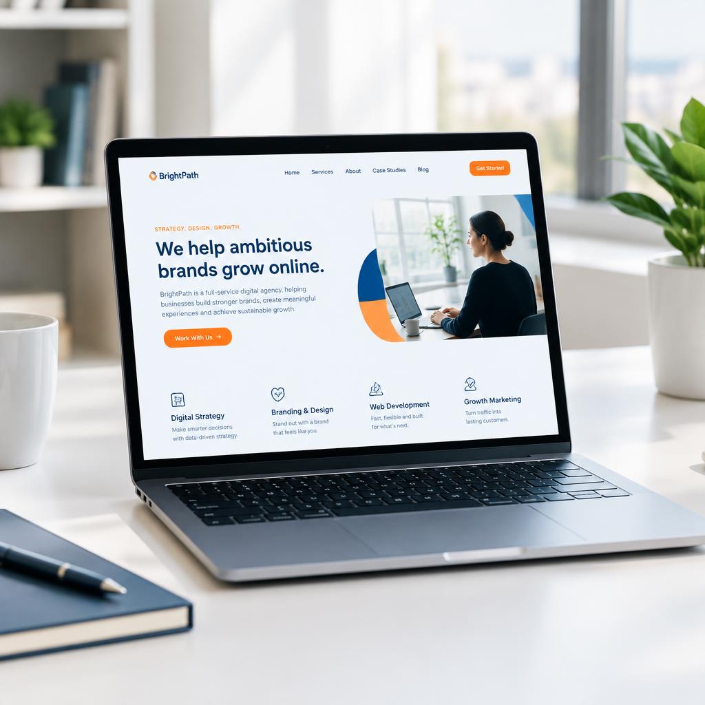 A professional business website displayed on a laptop on a bright desk