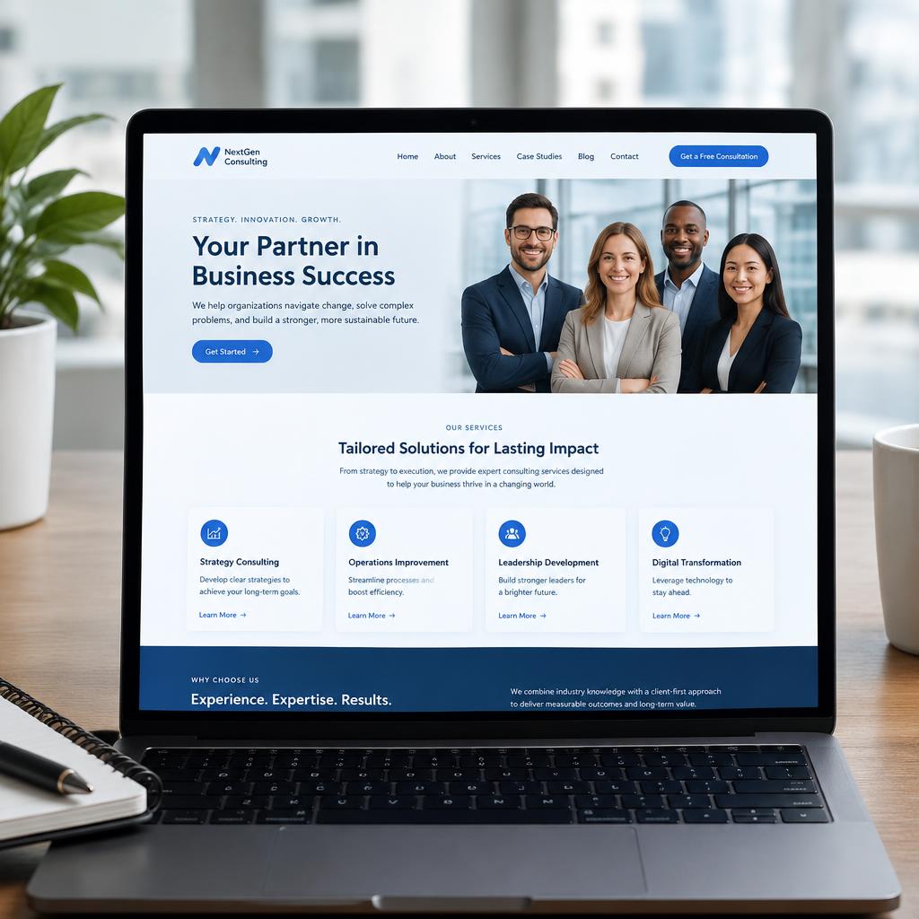 Business consulting website mockup on a laptop