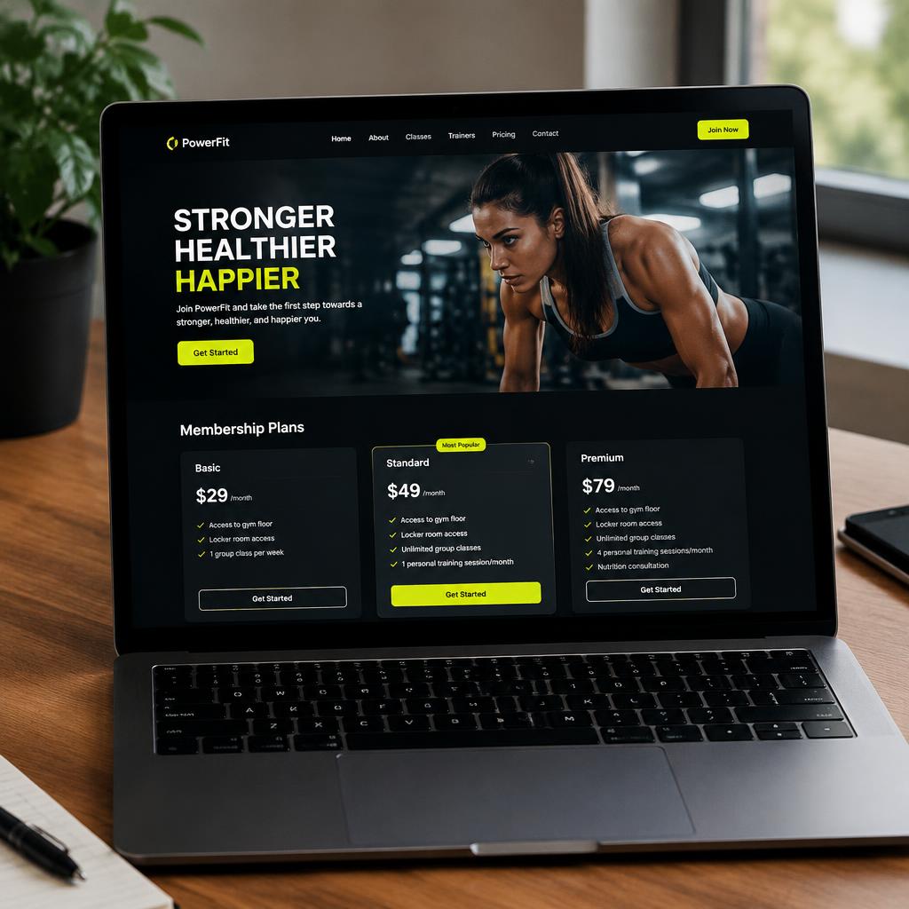 Fitness gym website mockup on a laptop with membership plans