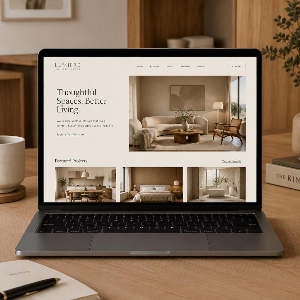 Interior design studio website mockup on a laptop