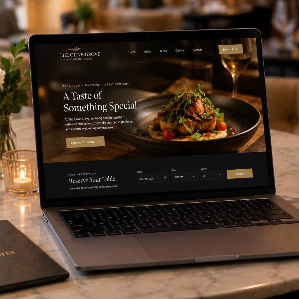 Restaurant website mockup on a laptop with menu and reservation sections